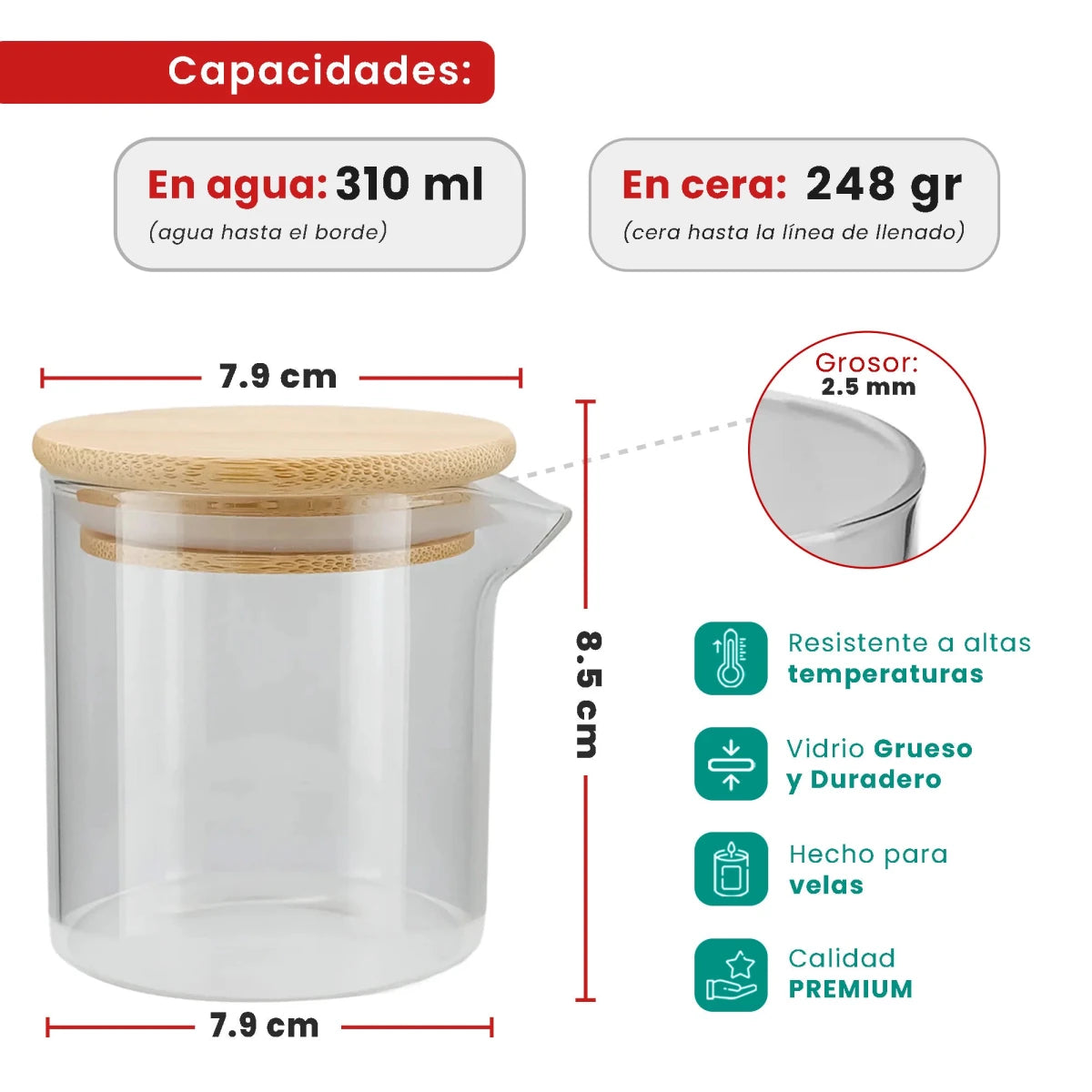 310ml - Bali Vaso de Vidrio para Velas de Masaje con Tapa de Bambú - Frasco con Boquilla vertedora - Cristal Transparente - Candle Craft
