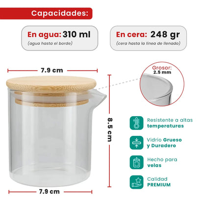 310ml - Bali Vaso de Vidrio para Velas de Masaje con Tapa de Bambú - Frasco con Boquilla vertedora - Cristal Transparente - Candle Craft