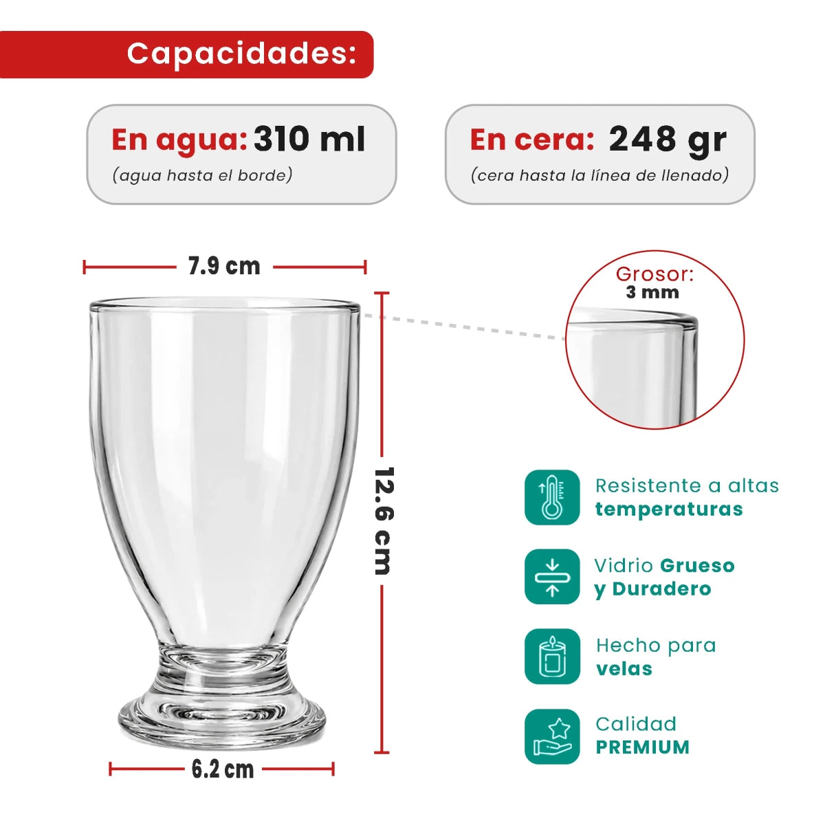 310ml - Vaso de Vidrio para Velas de Postre – Copa Tipo Postre - Frasco Cristal Transparente - Candle Craft