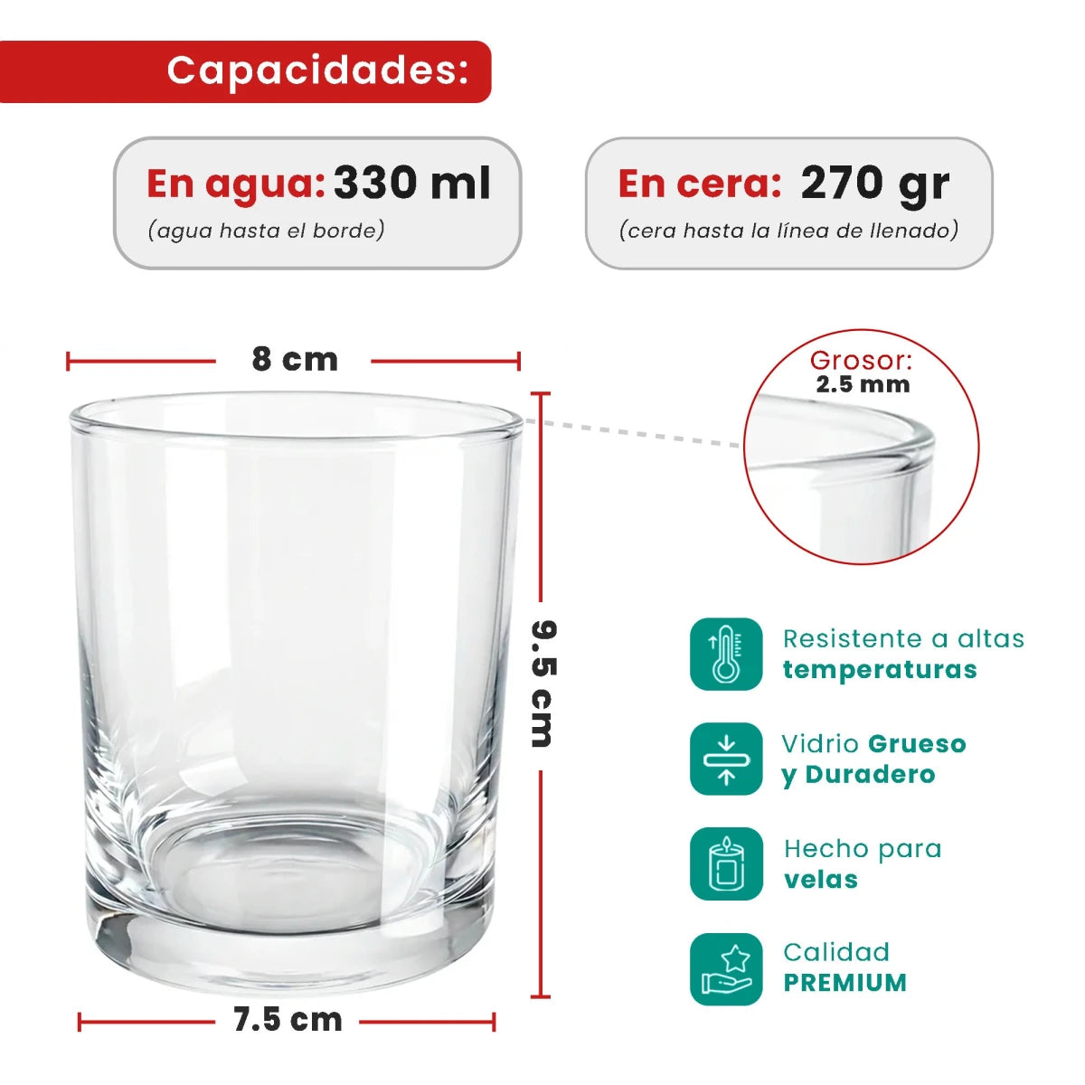 330ml - Mónaco Vaso de vidrio para velas - Frasco Cristal Transparente - Candle Craft