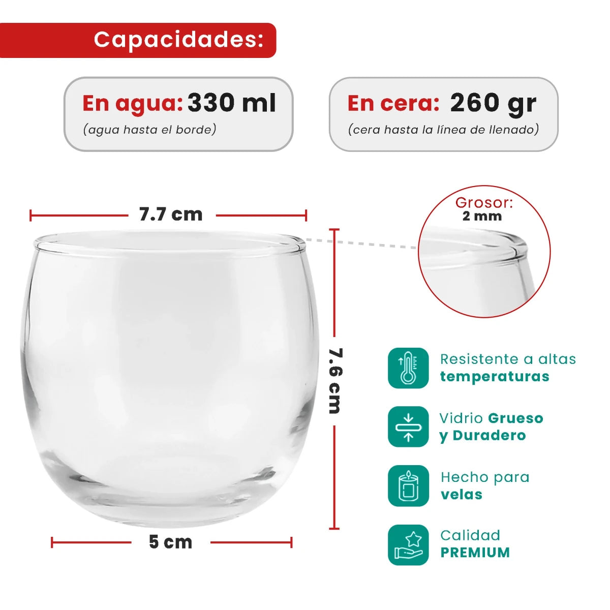 330ml - Mónaco Vaso de vidrio Redondo para velas - Frasco Cristal Transparente - Candle Craft