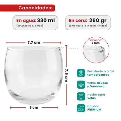 330ml - Mónaco Vaso de vidrio Redondo para velas - Frasco Cristal Transparente - Candle Craft