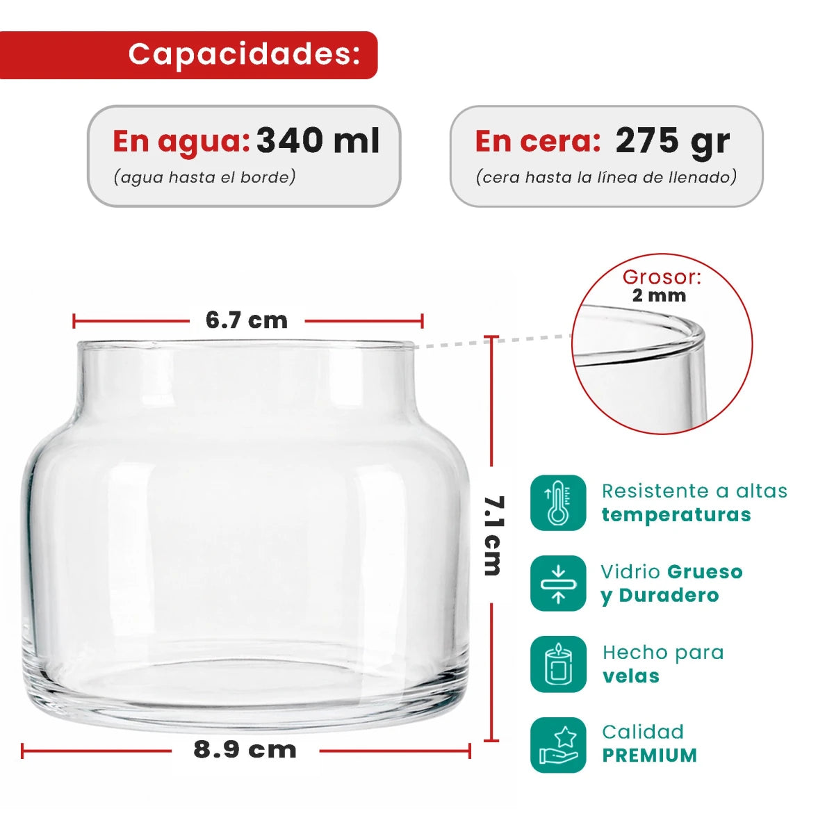 340ml - Porto Vaso de Vidrio Redondo - Frasco Tipo Botica para Velas - Cristal Transparente - Candle Craft