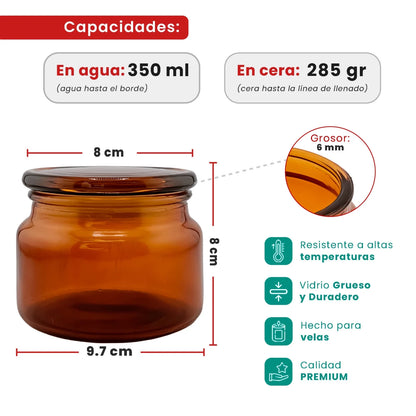 350ml - Portland - Vaso de Vidrio con tapa de vidrio - Ámbar / Café - Candle Craft