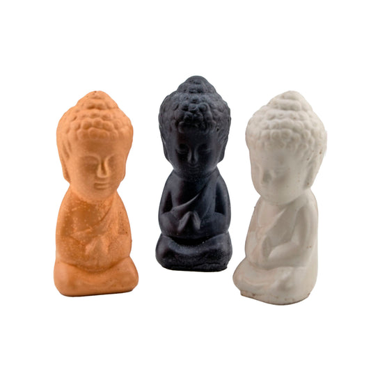 Set Zen de 3 Monitos Buda – Terracota, Negro, Café y Blanco – Figuras Decorativas Minimalistas | Accesorios Zen para Espacios de Bienestar y Meditación