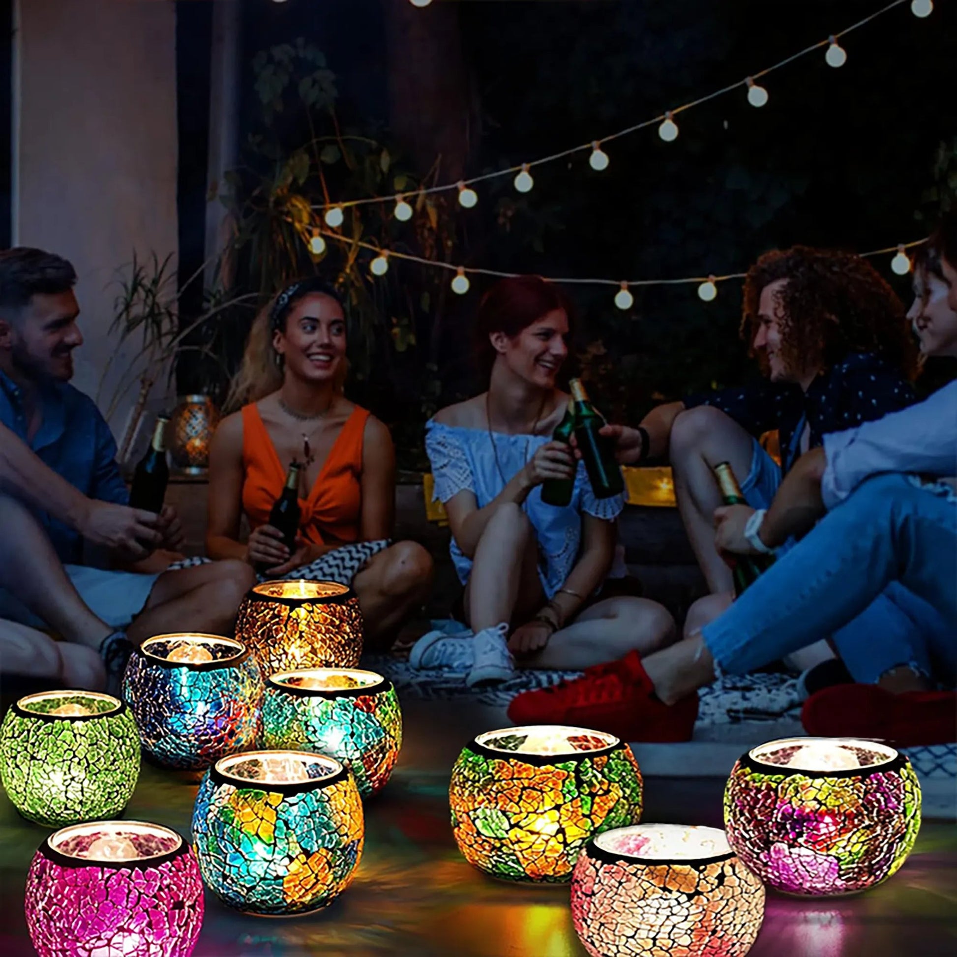 400ml – Marrakech Vaso para Vela en Forma de Pecera – Portavela con Mosaicos de Vidrio - Tonos Azul - Verde - Naranja - Candle Craft