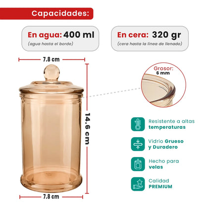 400ml - Oxford Vaso de vidrio para velas estilo columna cilíndrico - Ámbar / Champagne Transparente - Candle Craft