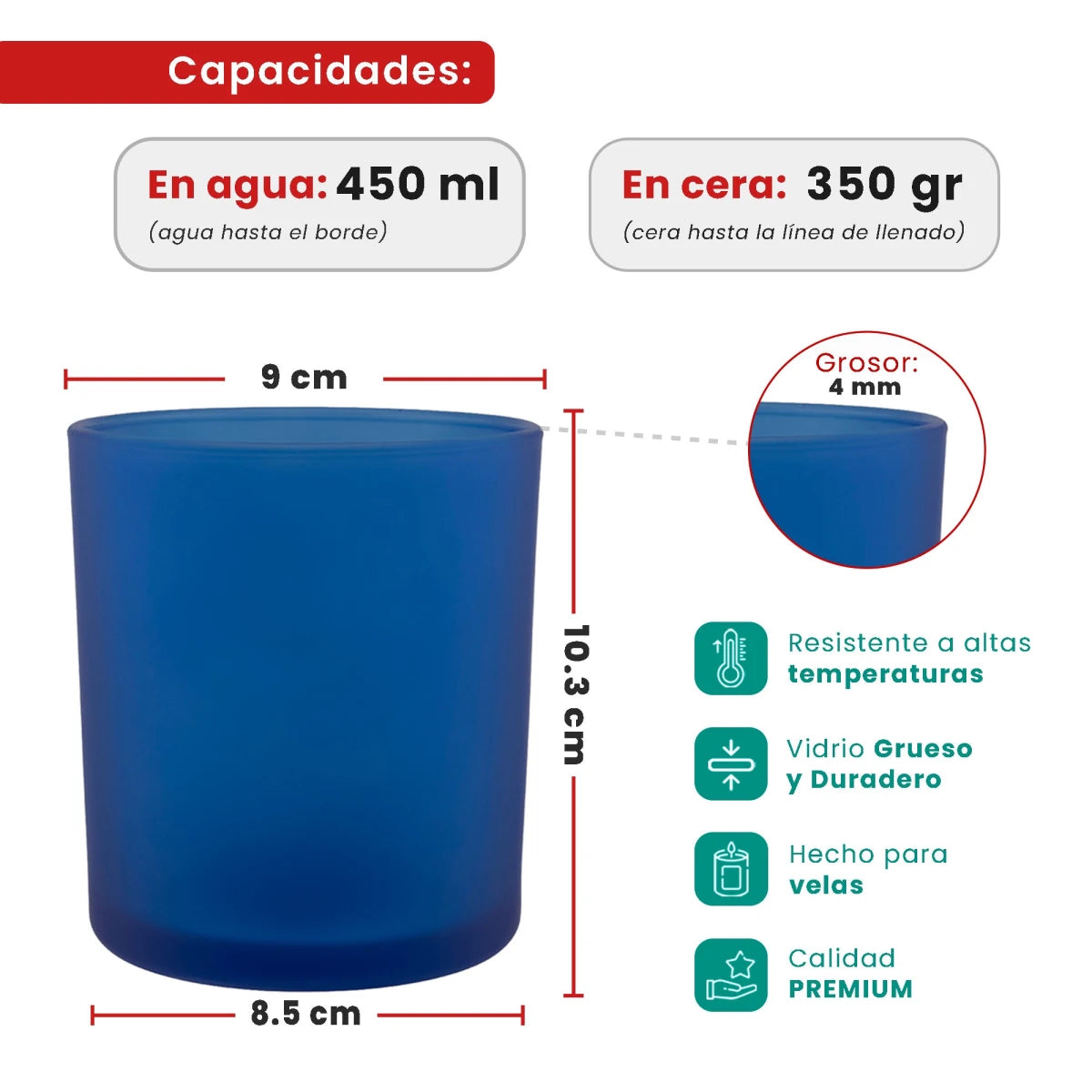 450ml - Mónaco Vaso de vidrio para velas - Frasco Azul Satinado - Candle Craft