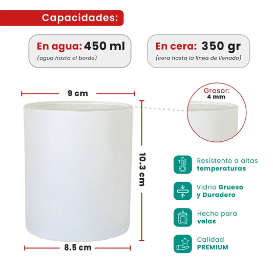 450ml - Mónaco Vaso de vidrio para velas - Frasco Blanco Mate - Candle Craft