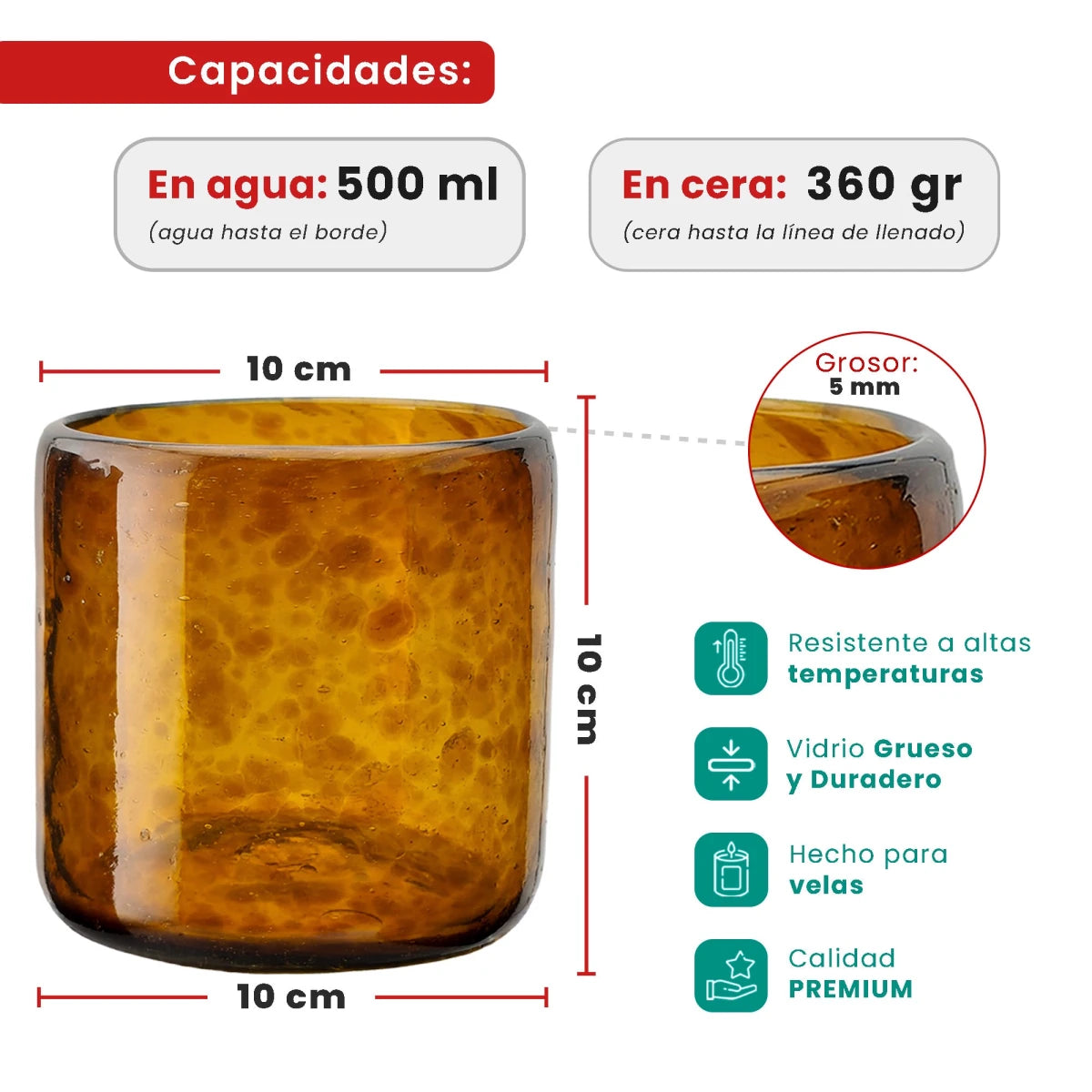 500ml - Florencia Vaso de vidrio soplado artesanal - Ámbar con puntos Café - Hecho a mano - Candle Craft