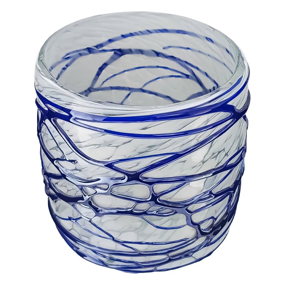 500ml - Florencia Vaso de vidrio soplado artesanal - Frasco Blanco Marmoleado / Telarañas Azul Tornasol - Hecho a mano - Candle Craft