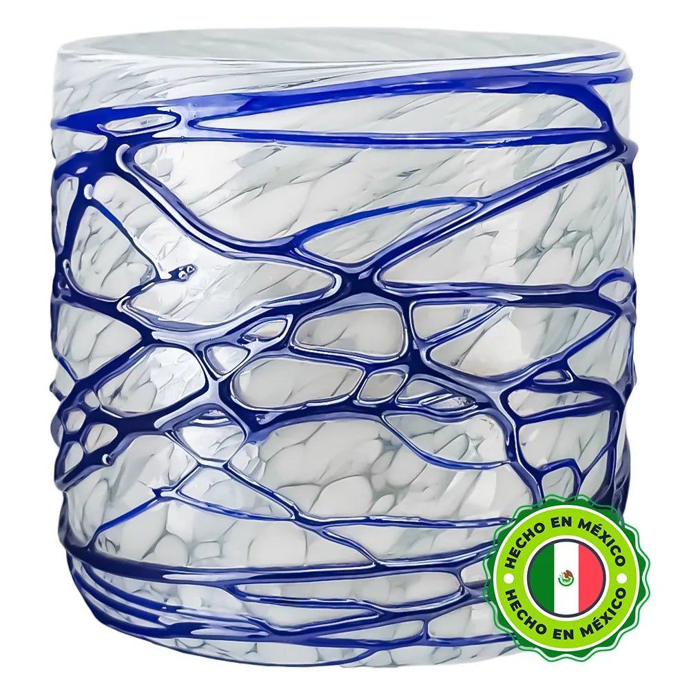 500ml - Florencia Vaso de vidrio soplado artesanal - Frasco Blanco Marmoleado / Telarañas Azul Tornasol - Hecho a mano - Candle Craft