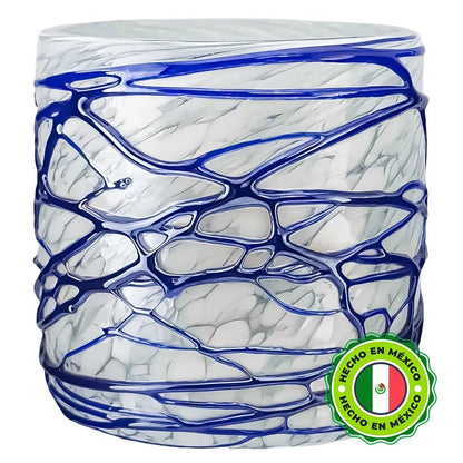 500ml - Florencia Vaso de vidrio soplado artesanal - Frasco Blanco Marmoleado / Telarañas Azul Tornasol - Hecho a mano - Candle Craft