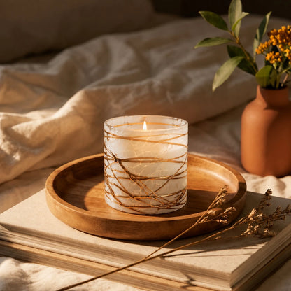 500ml - Florencia Vaso de vidrio soplado artesanal - Frasco Blanco Marmoleado / Telarañas Dorado Caramelo - Hecho a mano - Candle Craft
