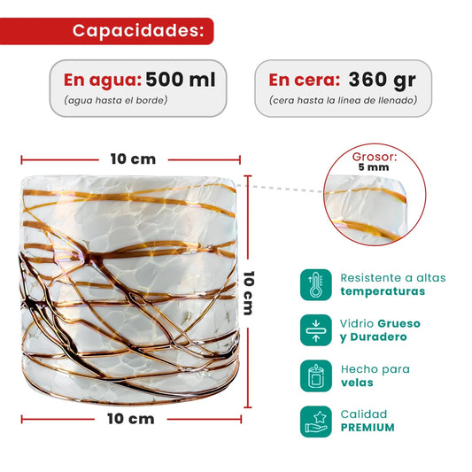 500ml - Florencia Vaso de vidrio soplado artesanal - Frasco Blanco Marmoleado / Telarañas Dorado Caramelo - Hecho a mano - Candle Craft