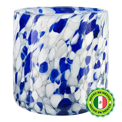 500ml - Florencia Vaso de vidrio soplado artesanal - Frasco Transparente / Puntos Manchas Azul Blanco - Hecho a mano - Candle Craft