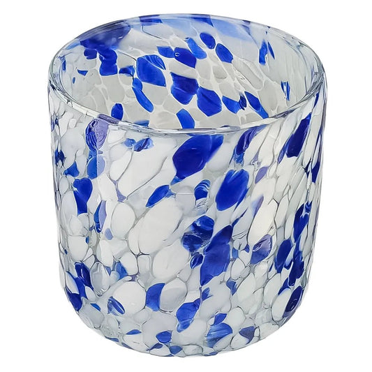 500ml - Florencia Vaso de vidrio soplado artesanal - Frasco Transparente / Puntos Manchas Azul Blanco - Hecho a mano - Candle Craft