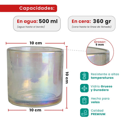 500ml - Florencia Vaso de vidrio soplado artesanal - Tornasol Transparente - Hecho a mano - Candle Craft