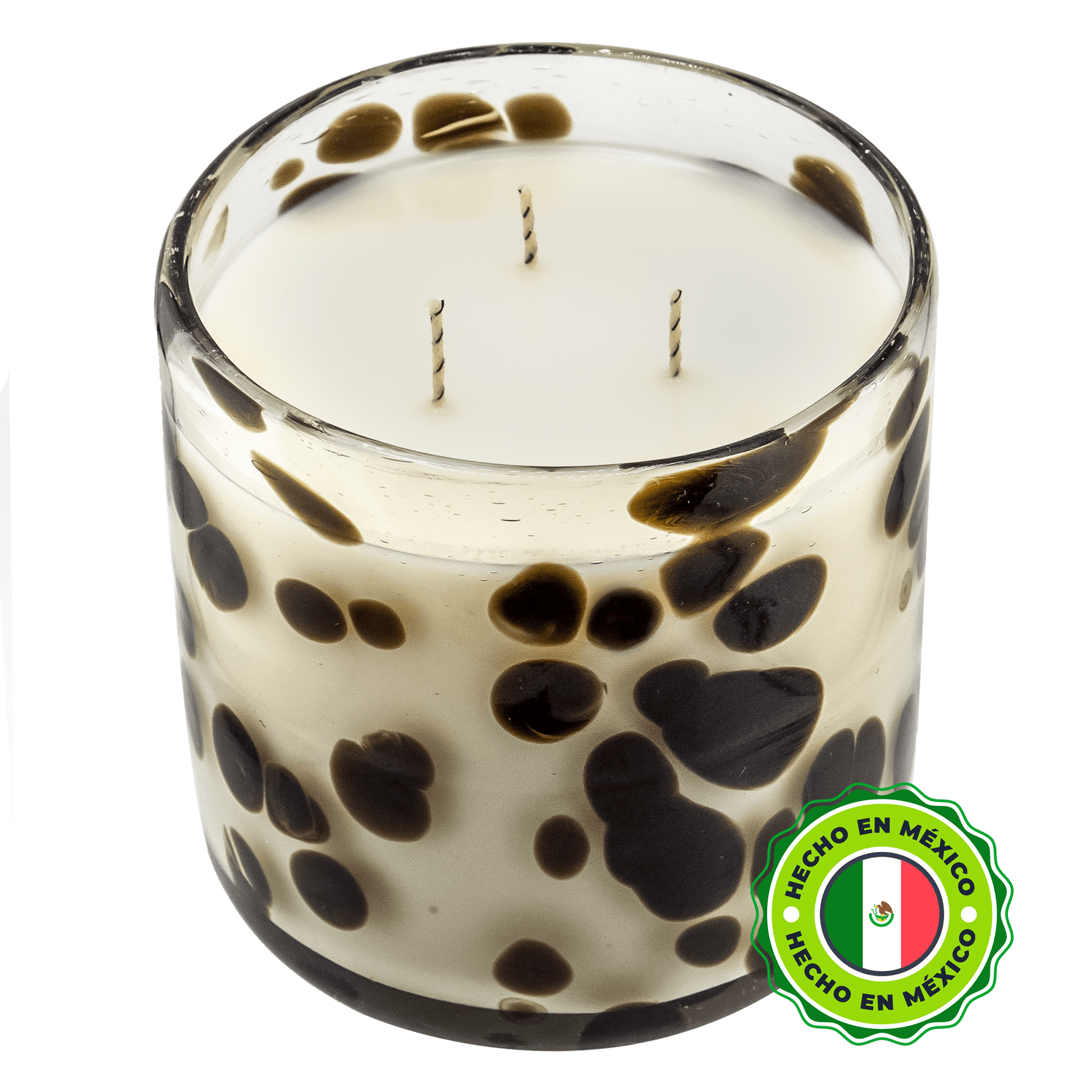 500ml - Florencia Vaso de vidrio soplado artesanal - Transparente / Manchas Puntos Café Negro - Hecho a mano - Candle Craft