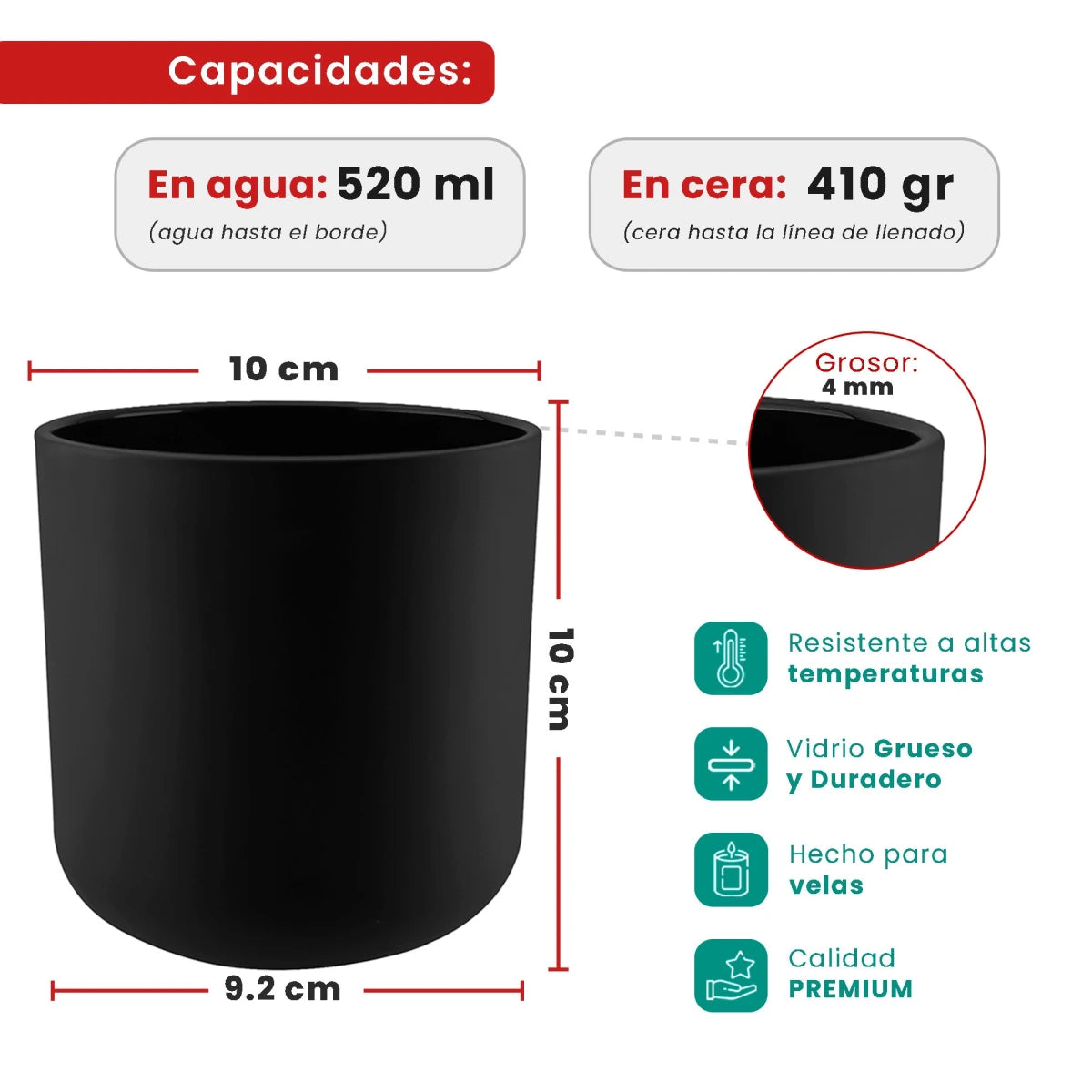 520ml - Valencia Vaso de Vidrio para Velas con Base Redondo - Frasco Negro Mate - Candle Craft