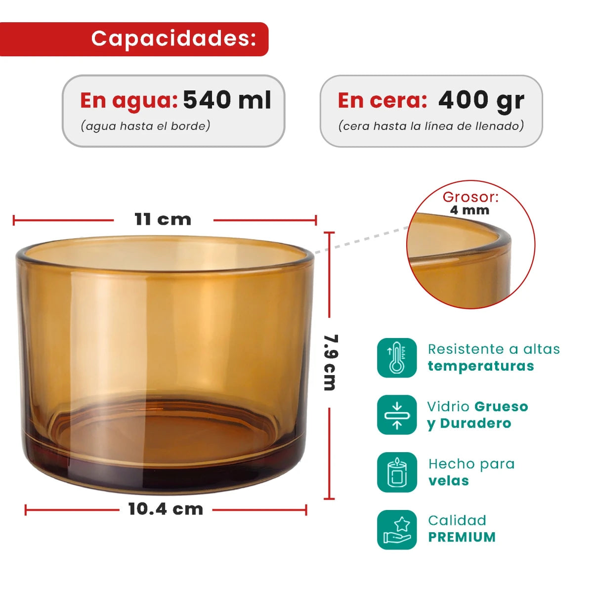540ml - Mónaco Vaso de vidrio para velas - Frasco Cristal Ámbar Transparente - Candle Craft
