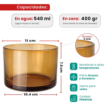 540ml - Mónaco Vaso de vidrio para velas - Frasco Cristal Ámbar Transparente - Candle Craft