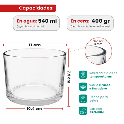 540ml - Mónaco Vaso de vidrio para velas - Frasco Cristal Transparente - Candle Craft