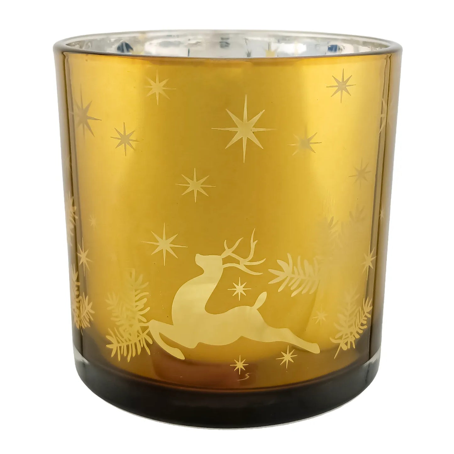 560ml - Mónaco Vaso de vidrio para velas - Dorado con Silueta de Estrellas Renos Navideñas