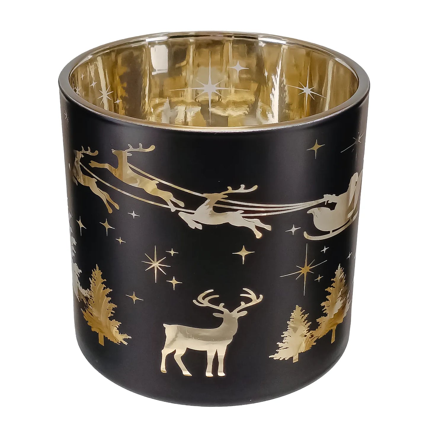 560ml - Mónaco Vaso de vidrio para velas - Negro Mate / Metálico con Siluetas de Pino y Reno