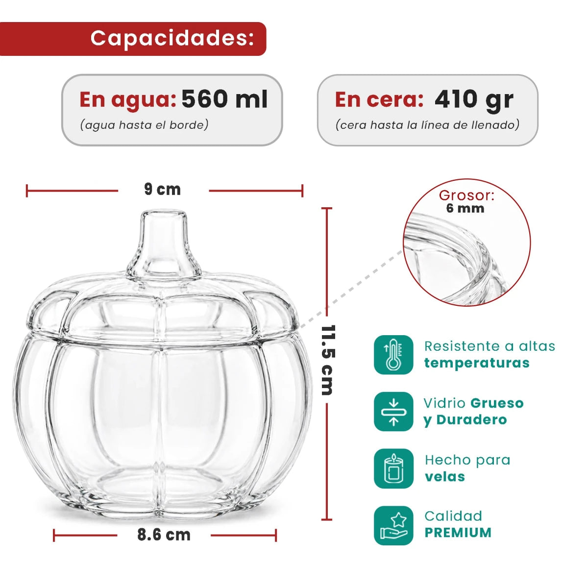 560ml - Calabaza de Vidrio para Velas - Vaso Decorativo para Halloween - Cristal Transparente - Candle Craft