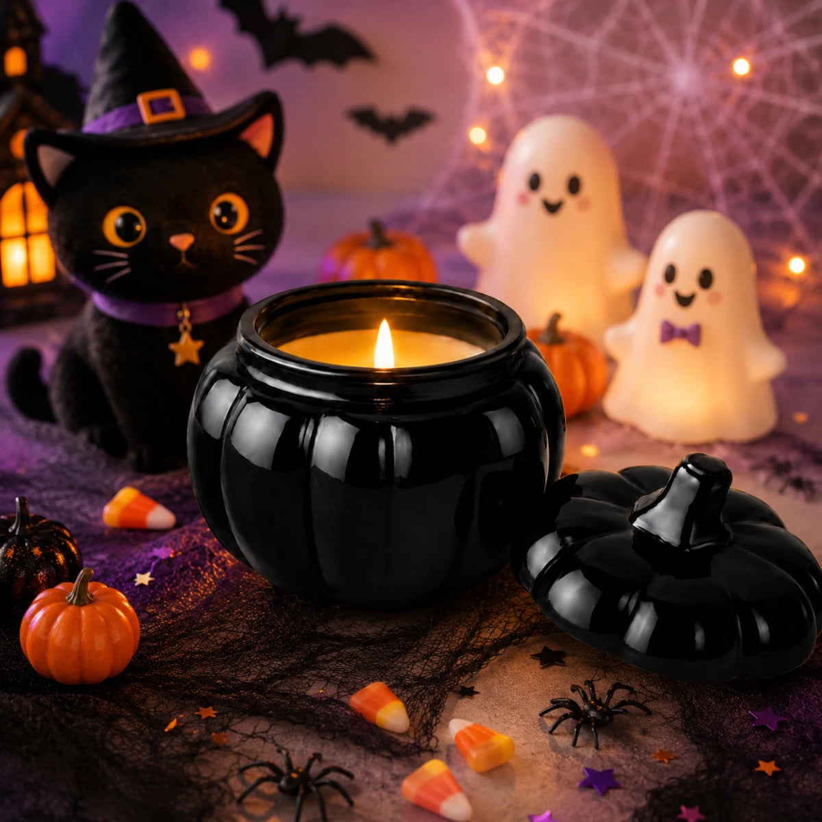 560ml - Calabaza de Vidrio para Velas - Vaso Decorativo para Halloween - Frasco Negro Brillante - Candle Craft