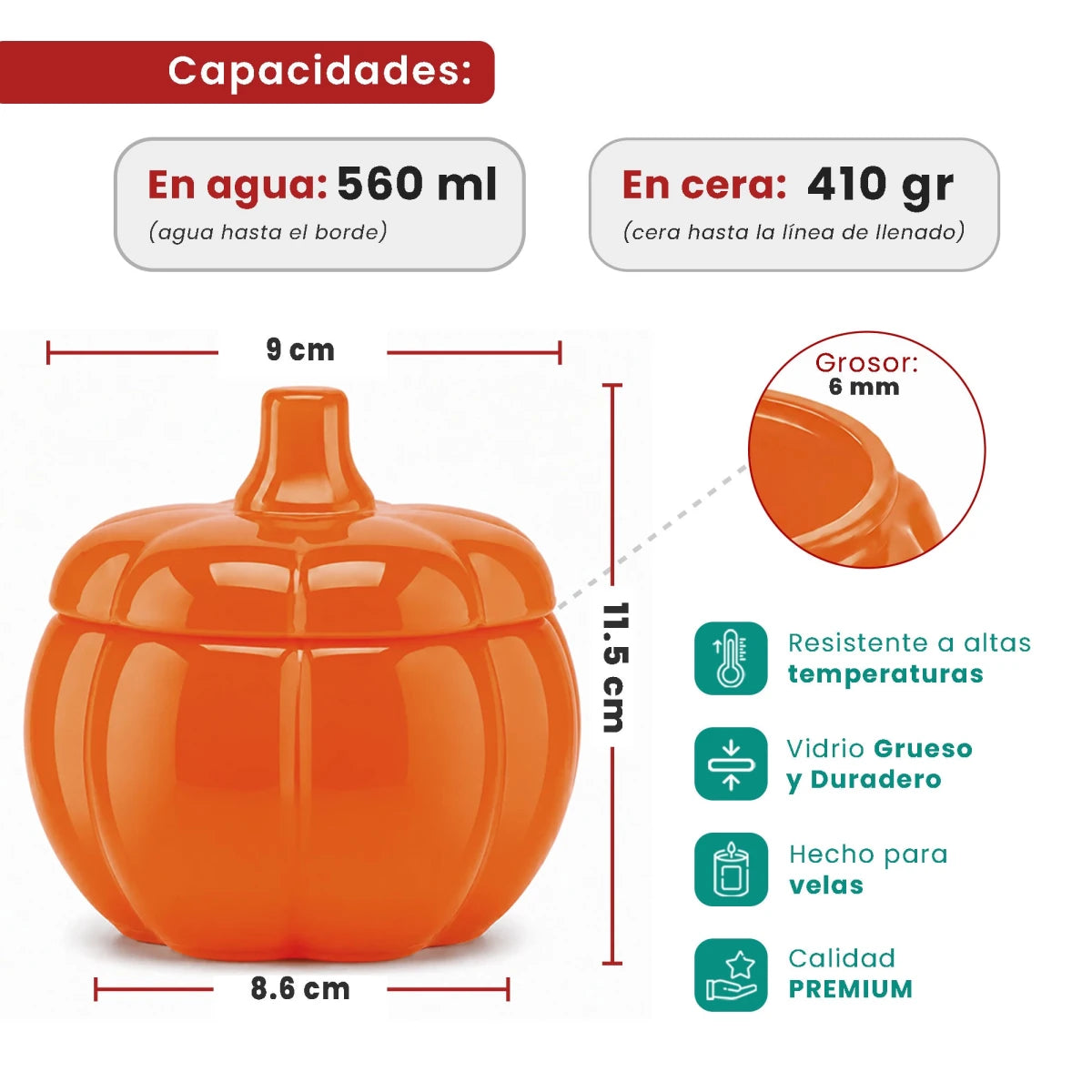 560ml - Calabaza de Vidrio para Velas - Vaso Decorativo para Halloween - Naranja Brillante - Candle Craft