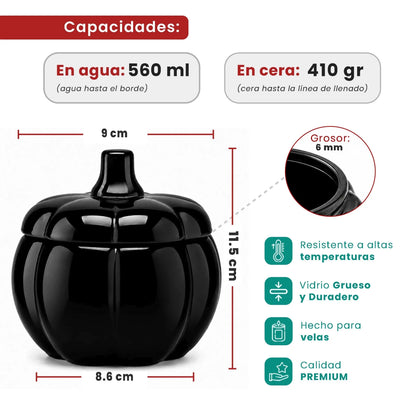 560ml - Calabaza de Vidrio para Velas - Vaso Decorativo para Halloween - Negro Brillante - Candle Craft