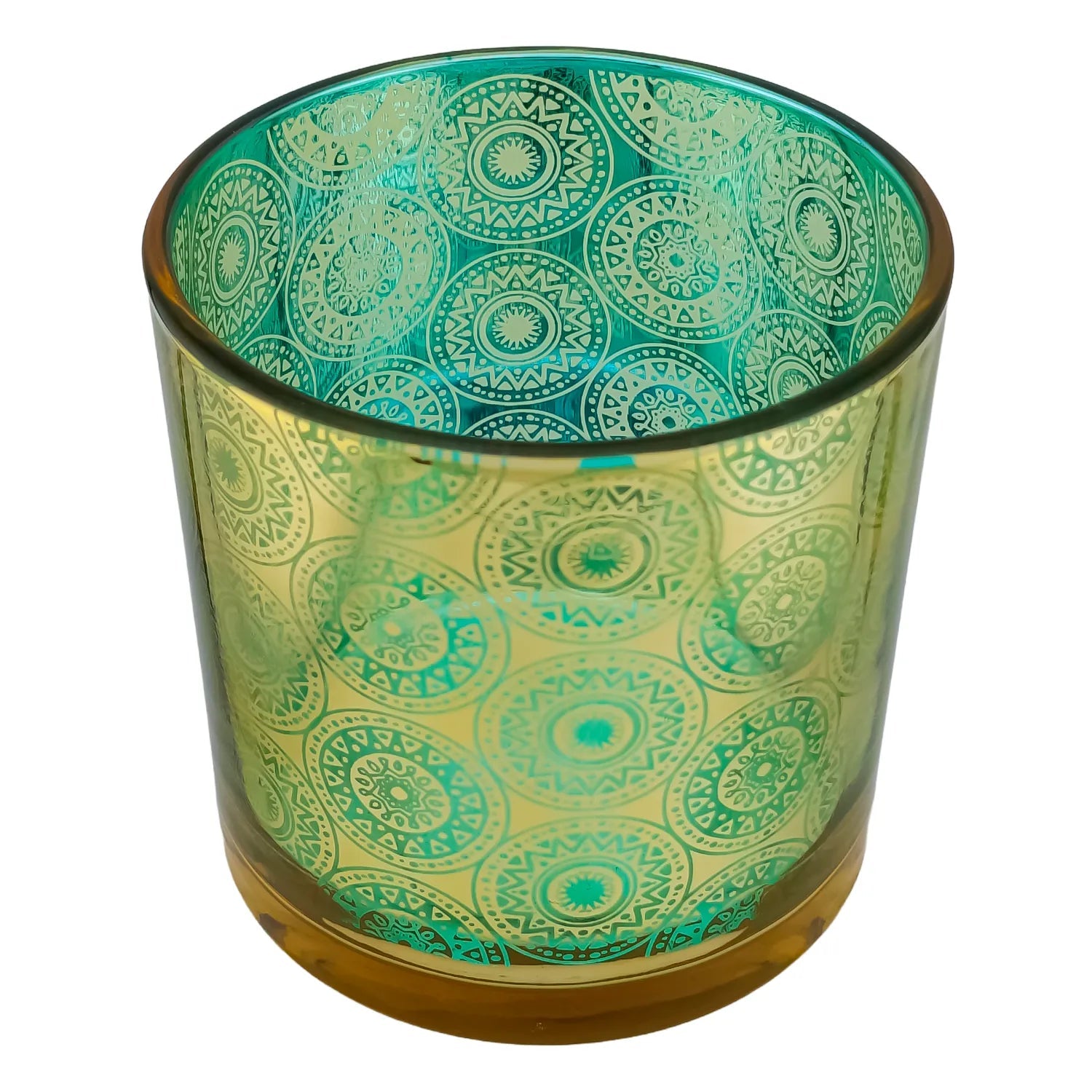 560ml - Mónaco Vaso de vidrio para velas - Dorado / Azul Turquesa con Mandalas Zen Paz Vaso para Vela Meditación - Metálico - Candle Craft