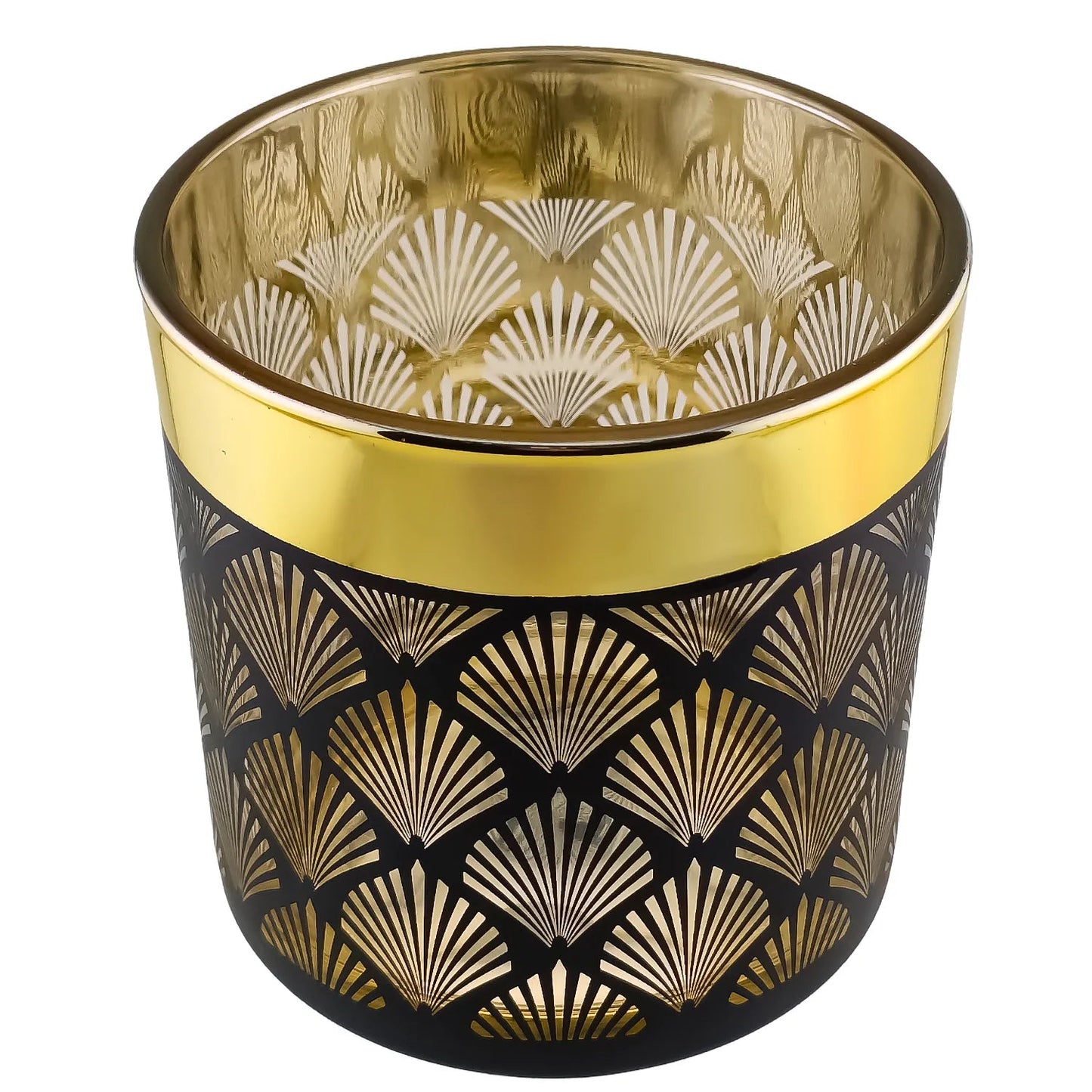 560ml - Mónaco Vaso de vidrio para velas - Dorado Metalico / Negro Mate con Silueta de Mandalas - Candle Craft