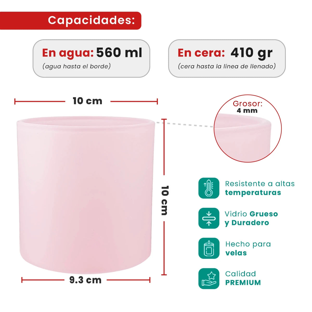 560ml - Mónaco Vaso de vidrio para velas - Frasco Rosa Pastel - Mate - Candle Craft