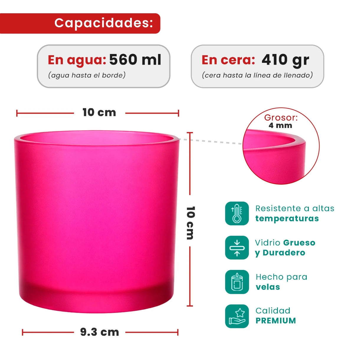 560ml - Mónaco Vaso de vidrio para velas - Fucsia Satinado - Candle Craft