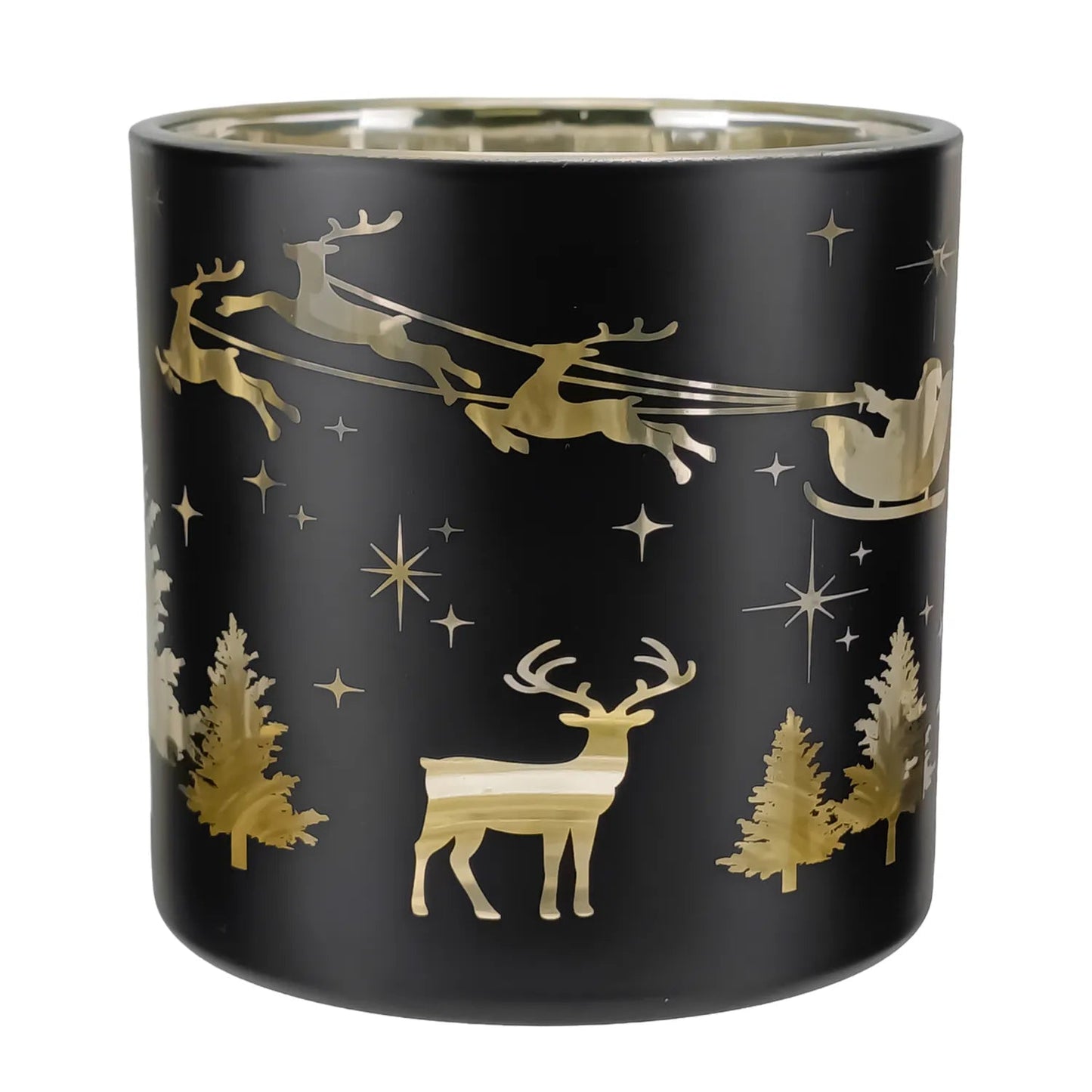 560ml - Mónaco Vaso de vidrio para velas - Negro Mate / Metálico con Siluetas de Pino y Reno - Candle Craft