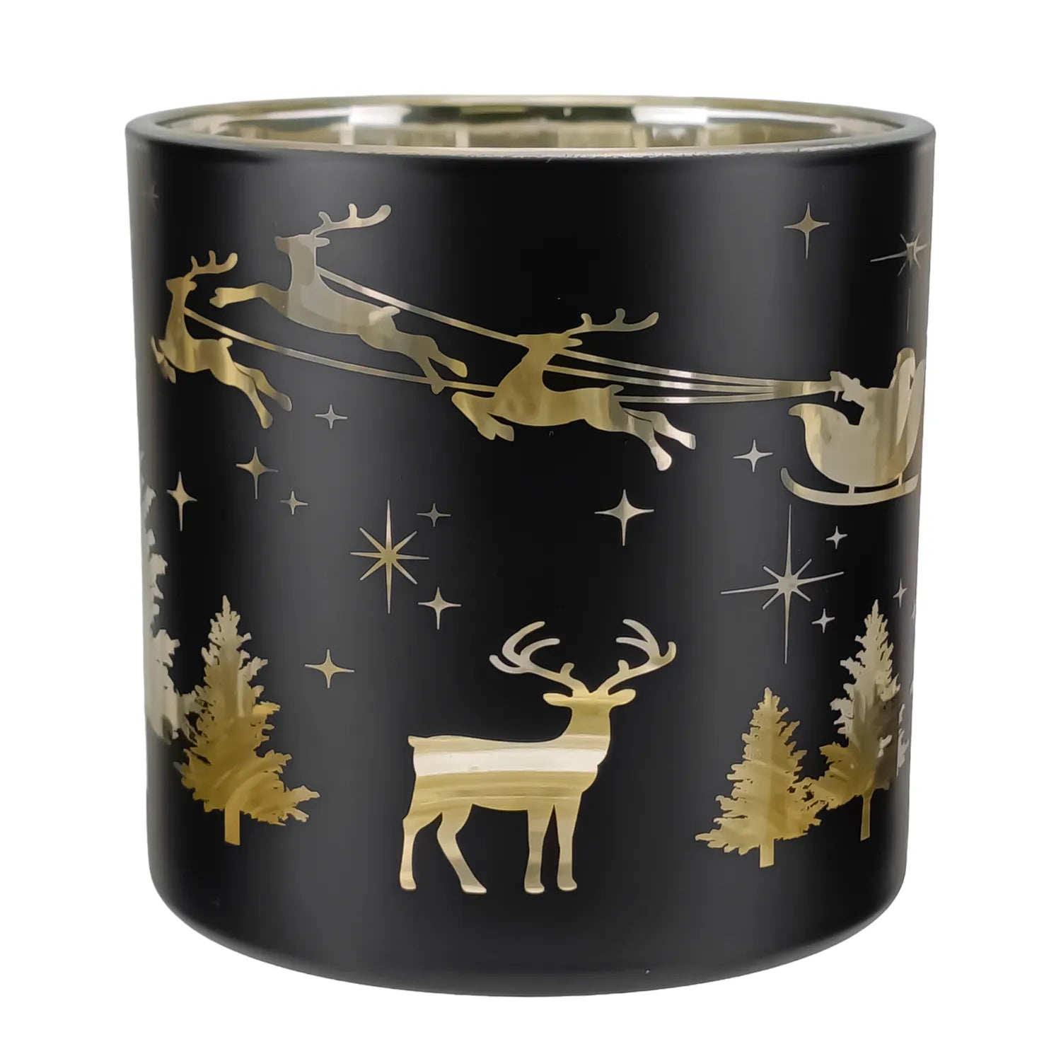 560ml - Mónaco Vaso de vidrio para velas - Negro Mate / Metálico con Siluetas de Pino y Reno - Candle Craft