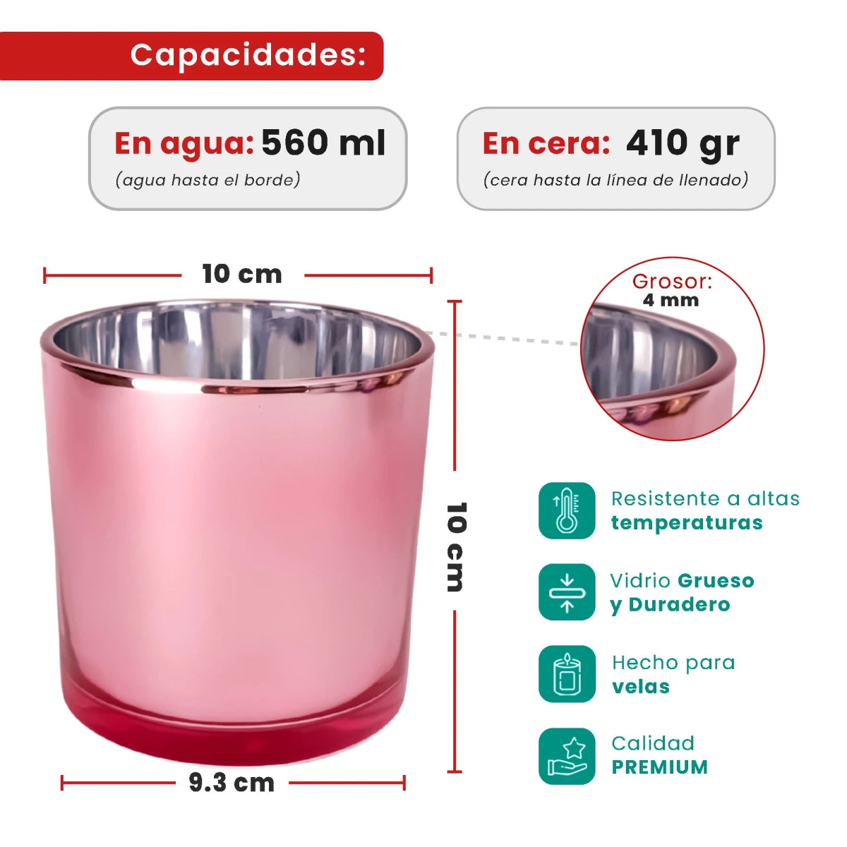 560ml - Mónaco Vaso de vidrio para velas - Rosa - Metálico - Candle Craft