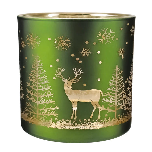 560ml - Mónaco Vaso de vidrio para velas - Verde Mate / Metálico con Silueta de Pinos de Navidad y Renos - Candle Craft