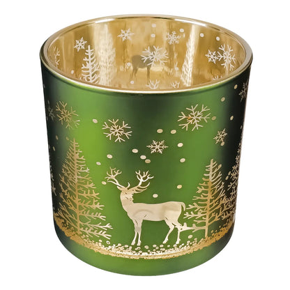 560ml - Mónaco Vaso de vidrio para velas - Verde Mate / Metálico con Silueta de Pinos de Navidad y Renos - Candle Craft