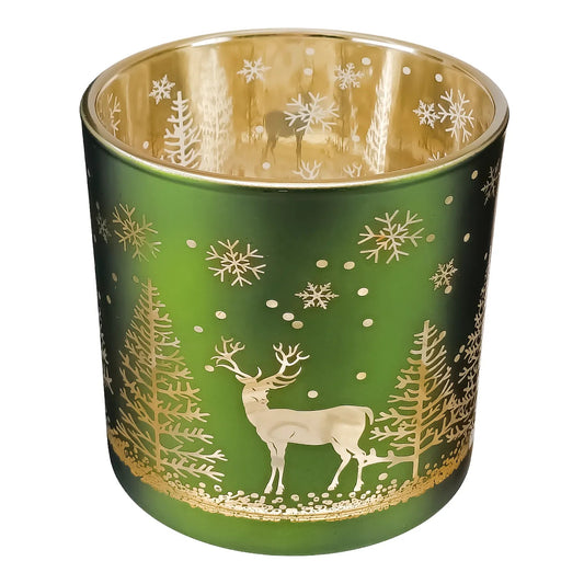 560ml - Mónaco Vaso de vidrio para velas - Verde Mate / Metálico con Silueta de Pinos de Navidad y Renos - Candle Craft
