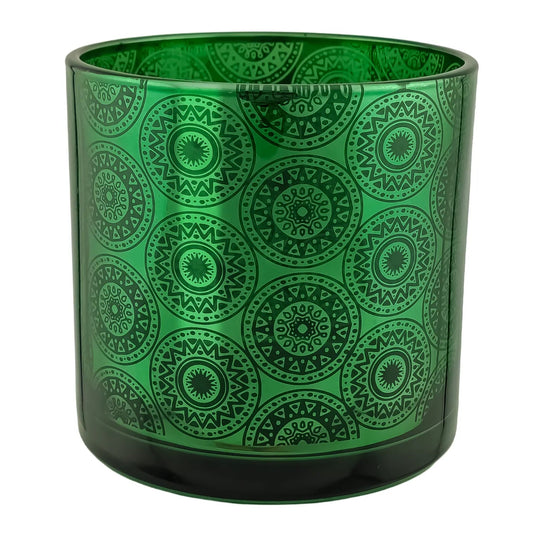 560ml - Mónaco Vaso de vidrio para velas - Verde / Negro con Mandalas Zen Paz Vaso para Vela Meditación Metálico - Candle Craft