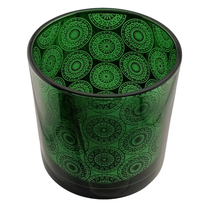 560ml - Mónaco Vaso de vidrio para velas - Verde / Negro con Mandalas Zen Paz Vaso para Vela Meditación Metálico - Candle Craft
