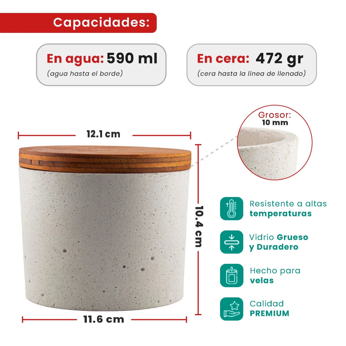 590ml - Carrara Vaso de Concreto para velas con Tapa de Madera - Blanco - Candle Craft