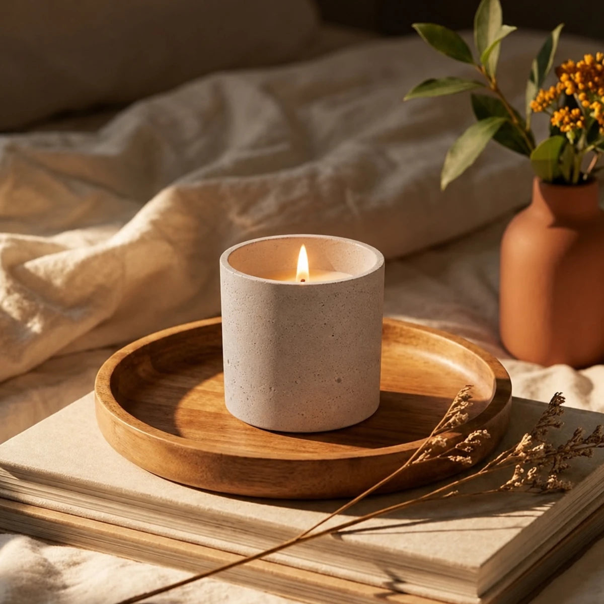 590ml - Carrara Vaso de Concreto para velas con Tapa de Madera - Frasco Blanco - Candle Craft