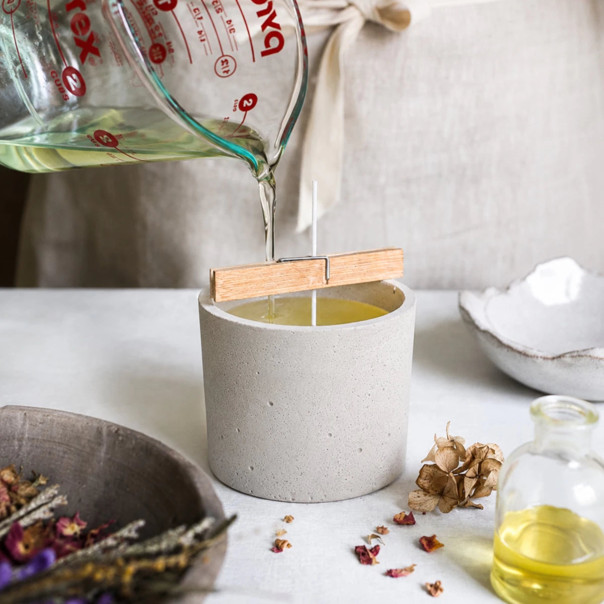 590ml - Carrara Vaso de Concreto para velas con Tapa de Madera - Frasco Blanco - Candle Craft