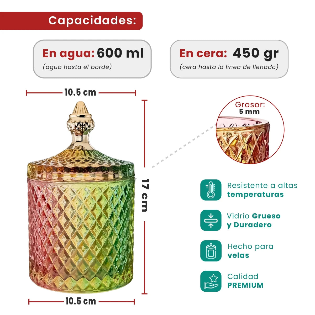 600ml - París Vaso de lujo de vidrio para velas - Frasco Arcoíris con Oro - Candle Craft