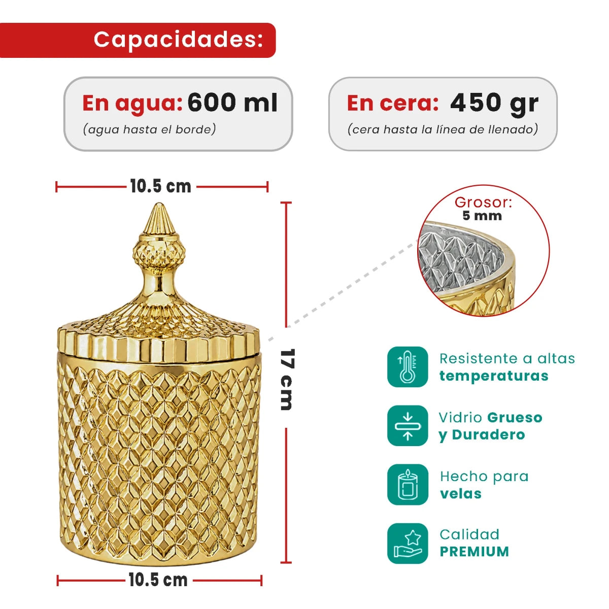 600ml - París Vaso de lujo de vidrio para velas - Frasco Dorado Metálico - Candle Craft
